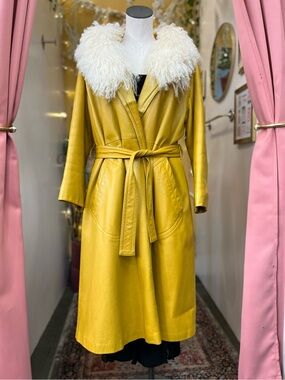 Bonnie Cashin Sills Yellow Leather Long Coat with Mangolian Lamb Fur Collar Rare